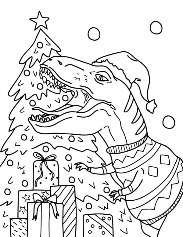 Tyrannosaurus de año nuevo cerca del árbol de Navidad