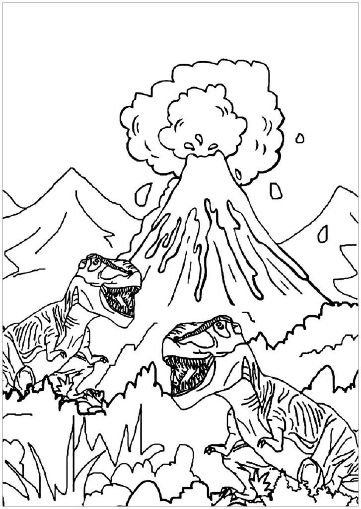 Tiranosaurios cerca del volcán.