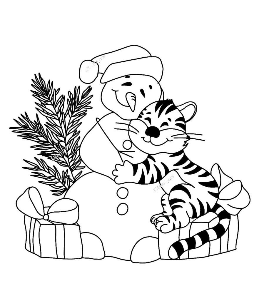 Tigre abraza a un muñeco de nieve