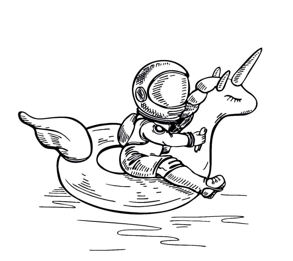 Astronauta en un aro salvavidas unicornio