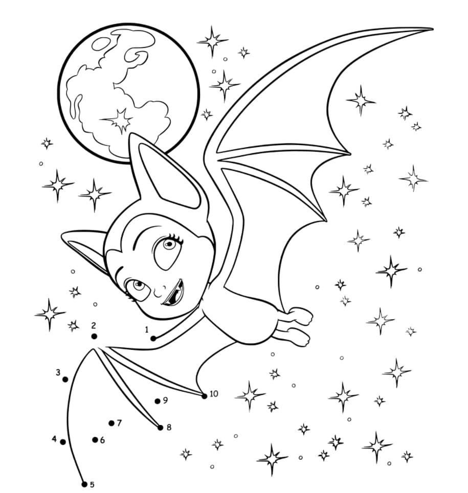 Vampirina en forma de murciélago vuela en el cielo bajo la luna.