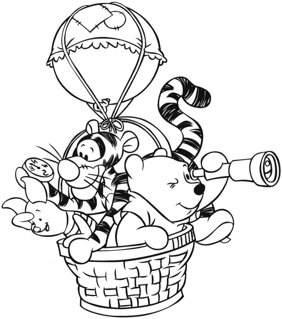 Winnie y sus amigos vuelan en un globo aerostático.