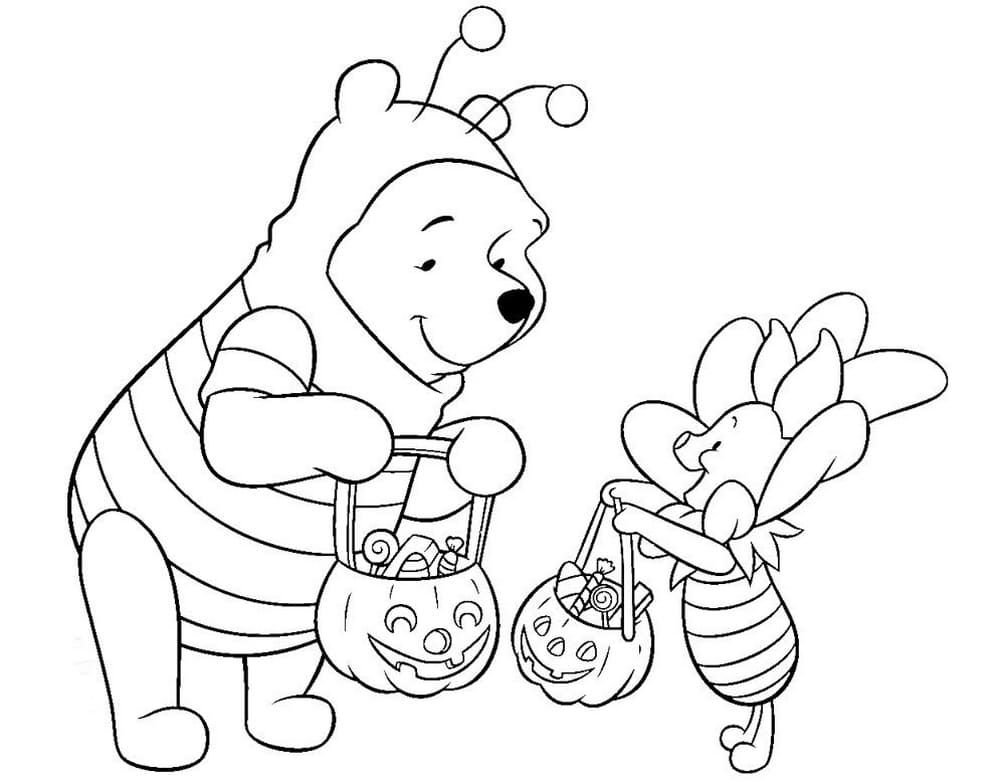Winnie the Pooh y Piglet recogen caramelos para Halloween