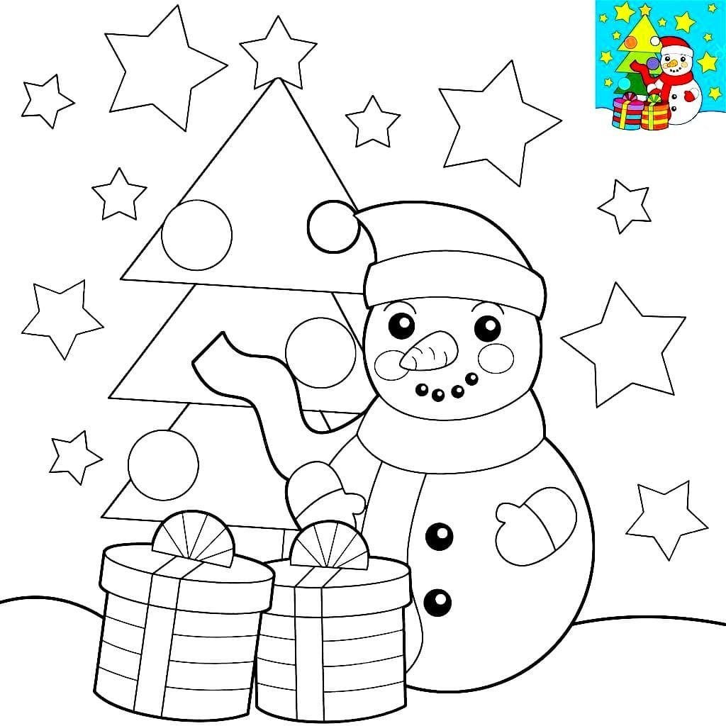 Dibujo de muñeco de nieve, regalos y árbol de Navidad para colorear