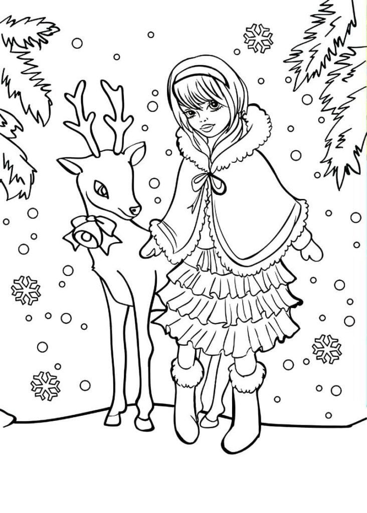 Princesa de invierno con un ciervo de cuento de hadas