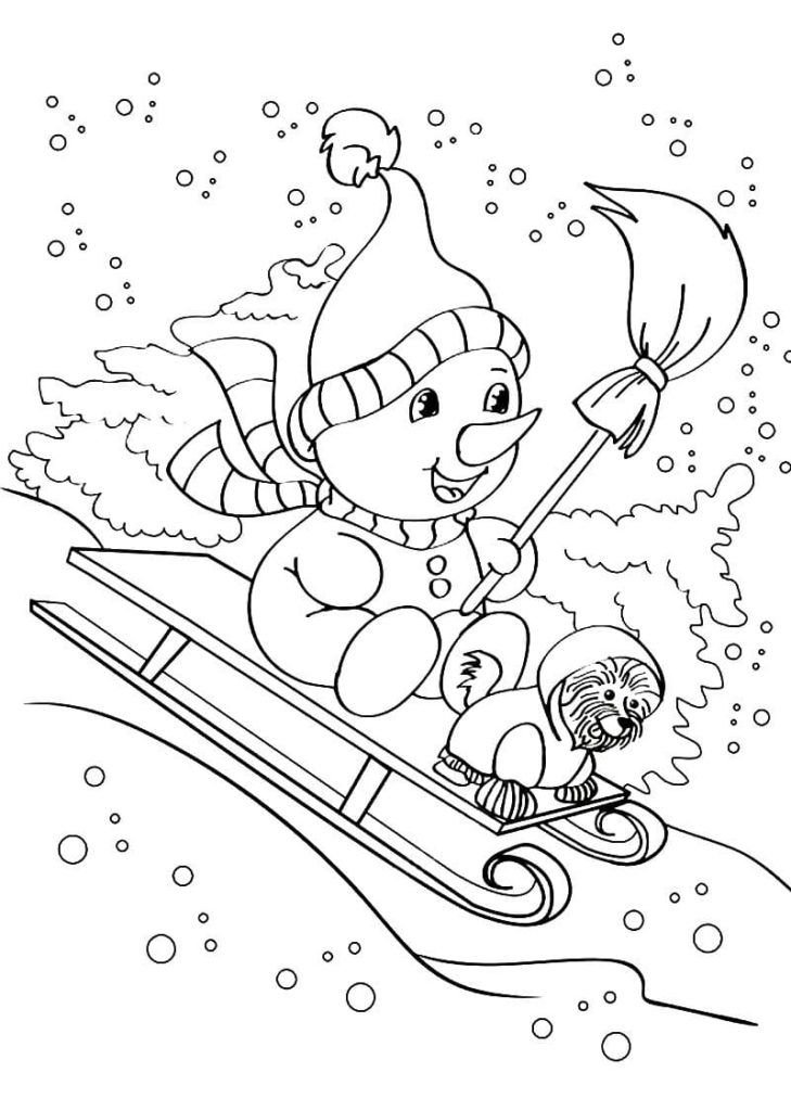 Muñeco de nieve con un cachorro en trineo por el tobogán