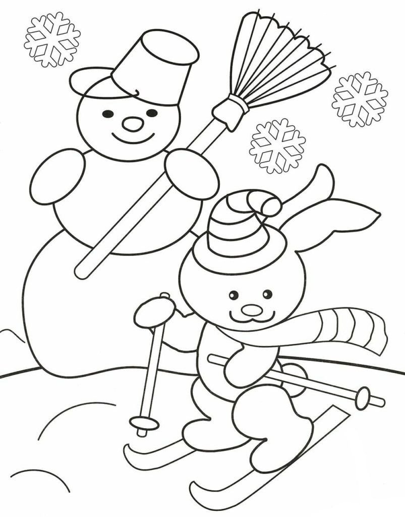 Imagen para colorear muñeco de nieve y liebre