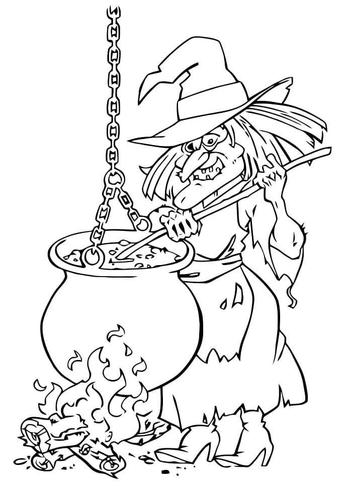La bruja prepara una poción en un caldero