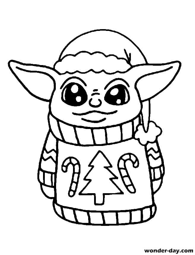 El pequeño Yoda con un suéter y un sombrero de Año Nuevo