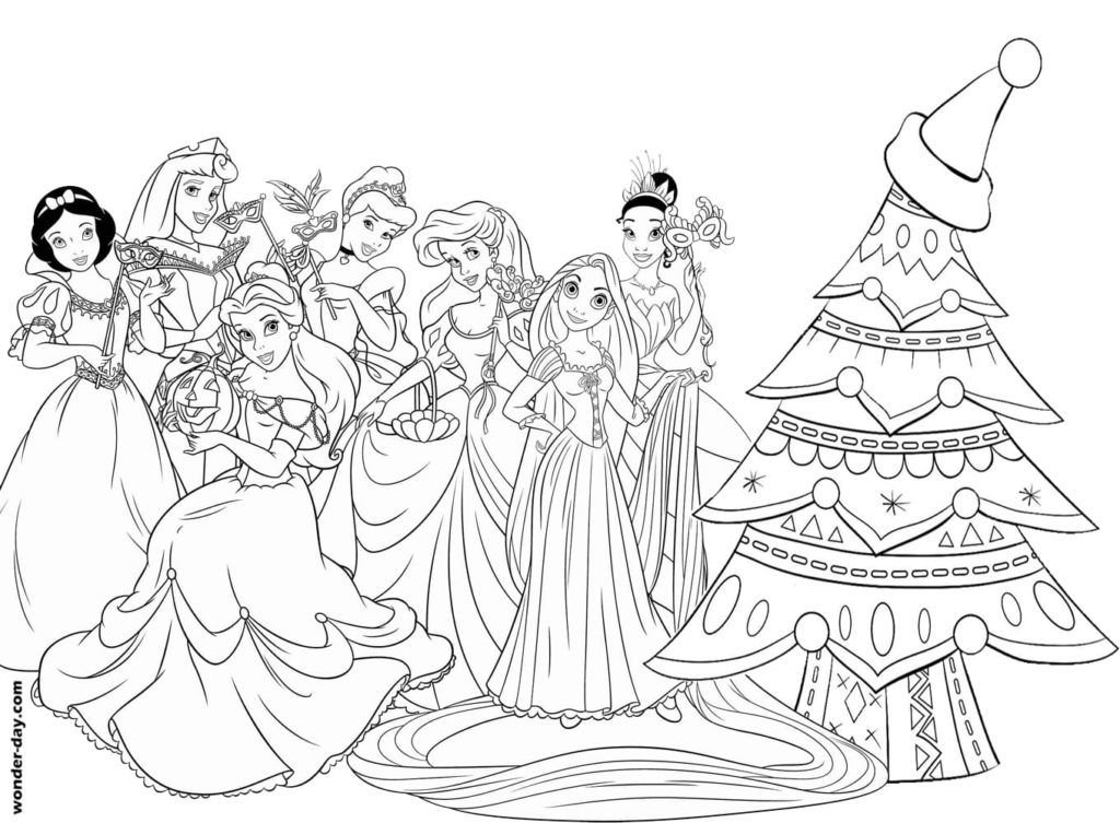 Princesas de Disney cerca del árbol de año nuevo