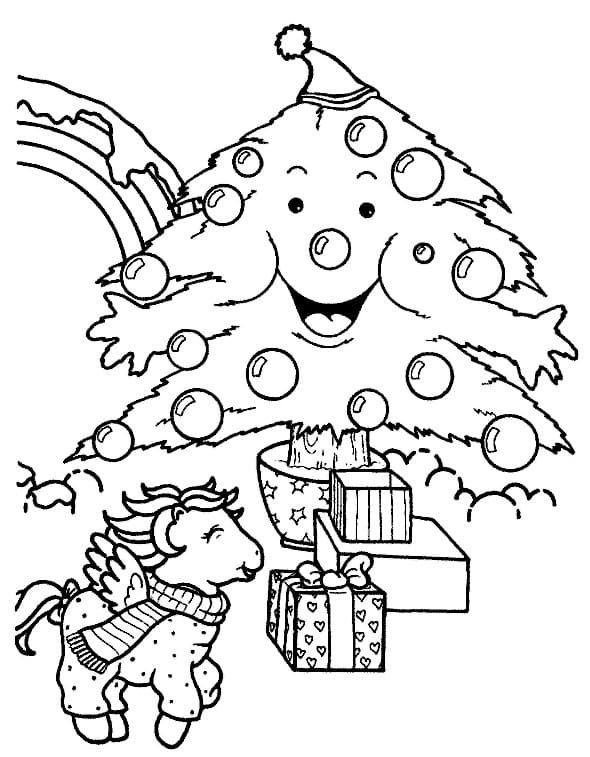 Unicornio y árbol de navidad de dibujos animados