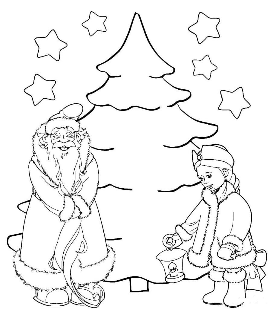 Papá Noel, doncella de nieve y árbol de Navidad