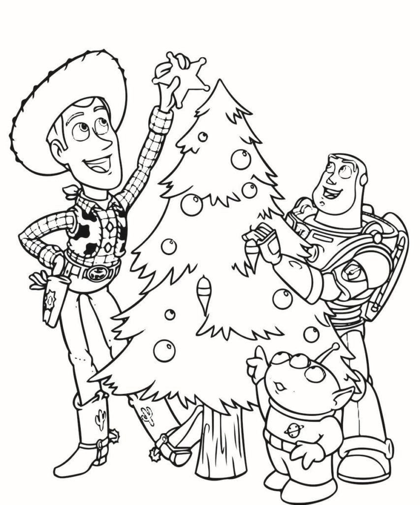 Personajes de dibujos animados y árbol de Navidad
