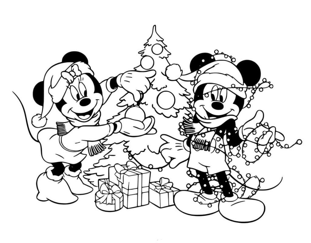 Mickey y Minnie Mouse cerca del árbol de Navidad