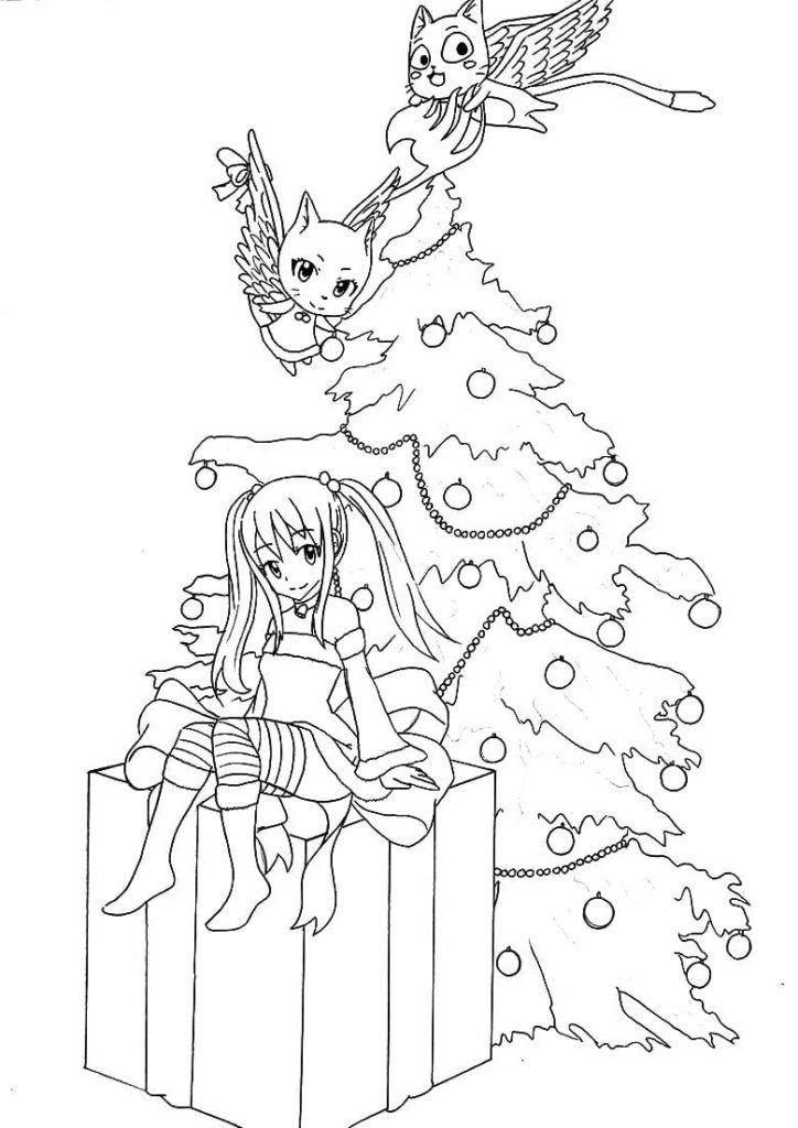 Personajes de anime cerca del árbol de Navidad.