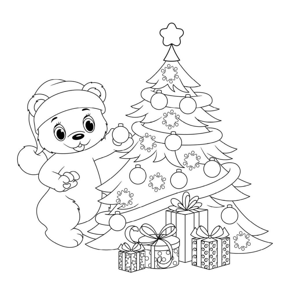 Oso decora el árbol de Navidad