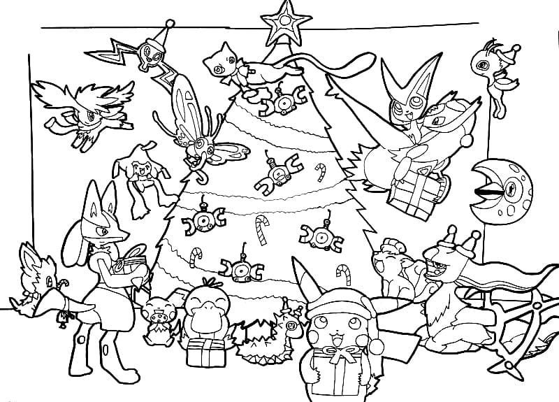 Pokémon cerca del árbol de Navidad